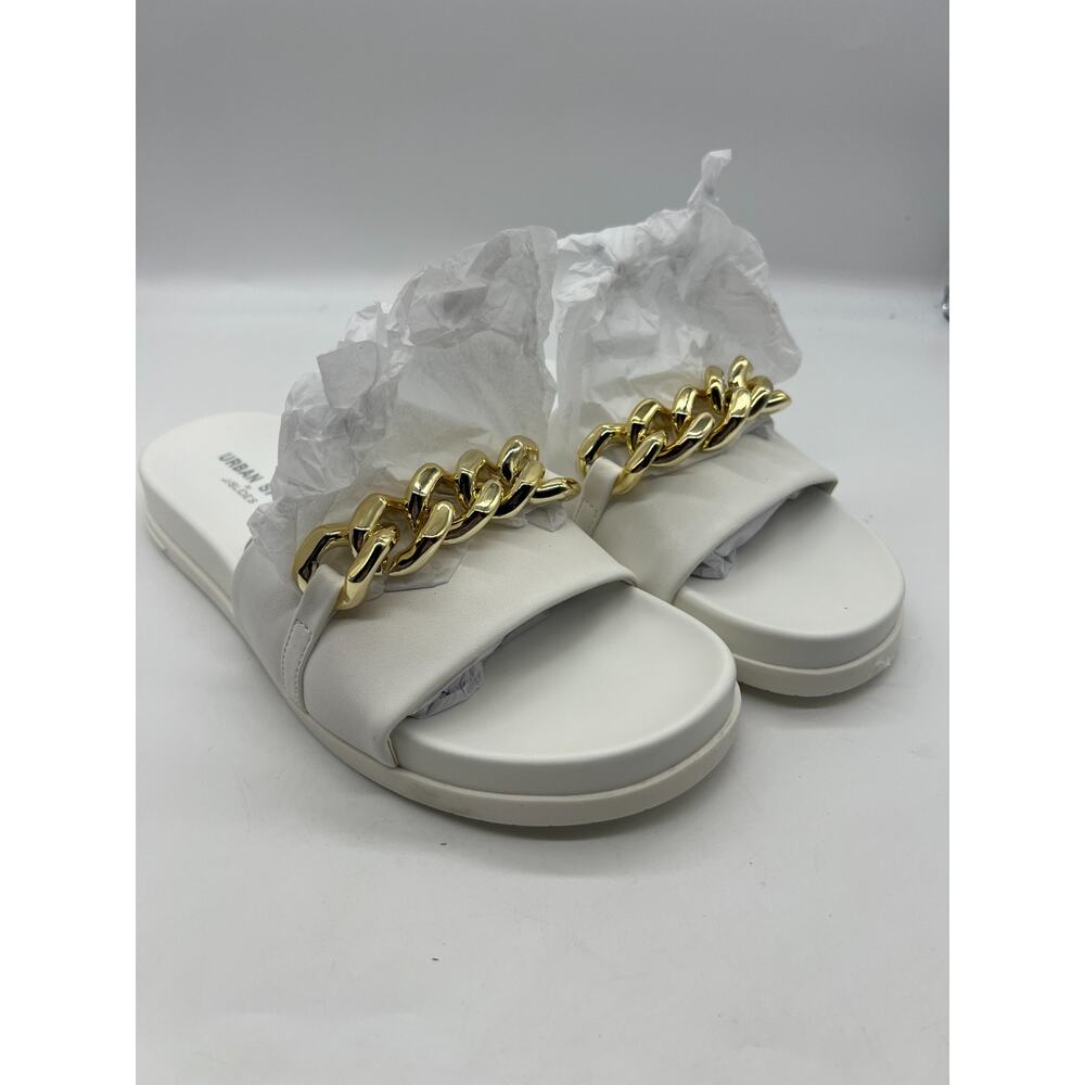 J Slides NYC Urban Sport Luxe Slide Sandals Gold Chain Minimalist White Faux 9.5